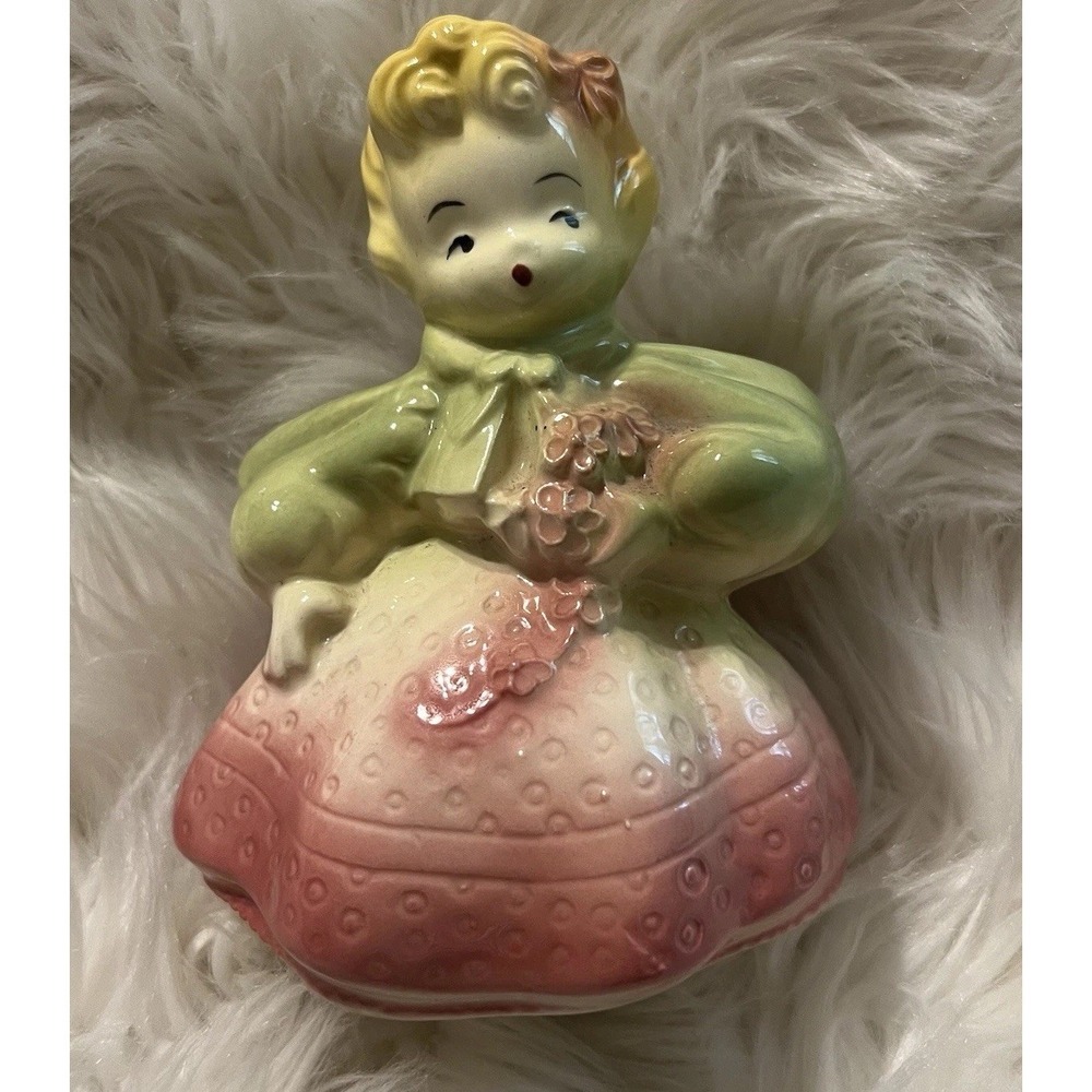 Vintage Ceramic Planter Girl in Pink Green Dress with Flowers Southern Bell Vibe